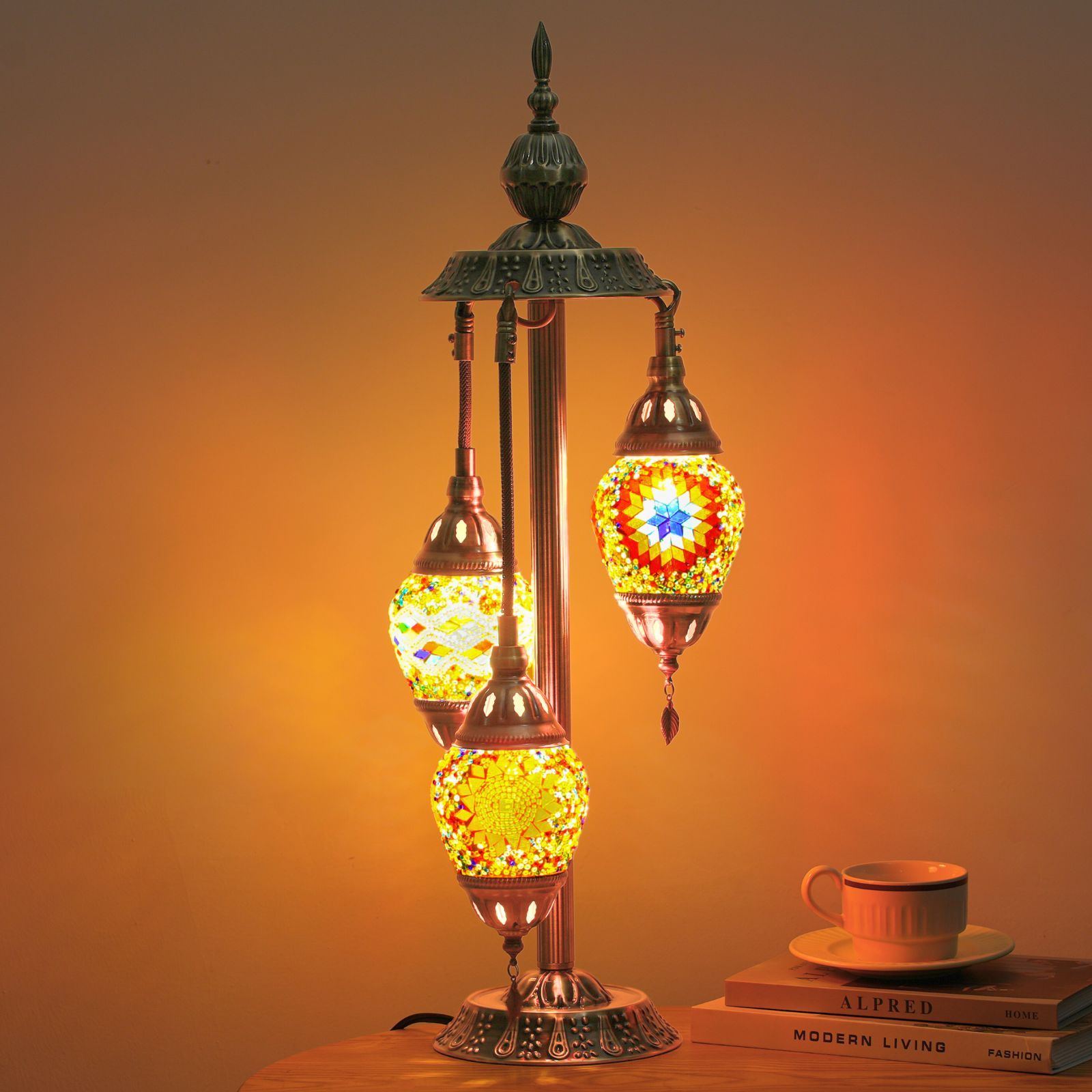 3 Ball Turkish Moroccan Table Lamp, Handmade Mosaic Glass, Bohemian Style, Metal Base, Colorful Atmosphere Light, Suitable for Living Room And Bedroom, with LED Bulb