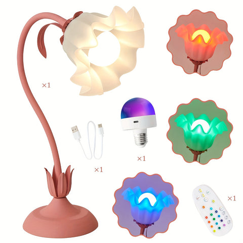 Flower Shape RGB Table Lamp Remote Control, Rechargeable, Adjustable Design For Bedroom, Living Room, Desk, Mood Lighting