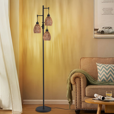 Boho Rattan Tree Floor Lamp, Dimmable Floor Lamp With 3-Bulb Lamp, Modern Lighting For Living Room Bedroom Leisure Area And Rest Room Adjustable Arm Standing Lamp With Sleek Metal Body, Soft Warm Lighting For Home