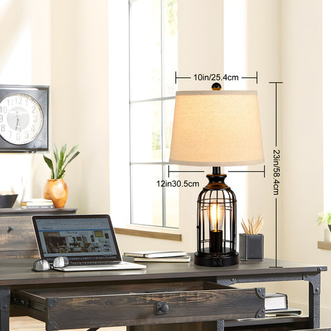 2 Set Farmhouse Table Lamps with 4 LED Bulbs, 9W Bright Rotary Switch Top Light + Touch Contorl 3 Way Dimmable Bird Cage Nightstand Light, Dual USB Ports, Natural Linen Shade, Metal, Black, 22 Inch
