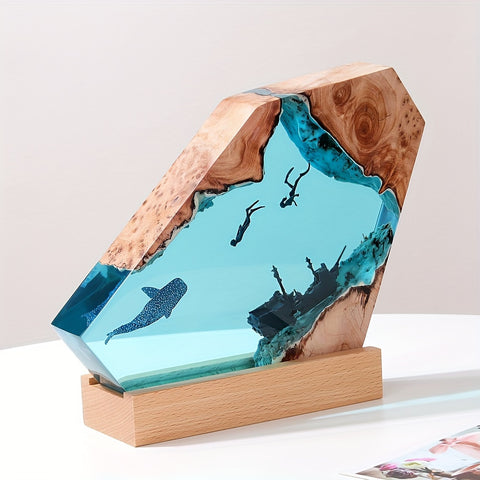 6-Inch Ocean Wood Resin Light - Multifunctional Night Light with Adjustable Glow, USB-Powered with Battery-Free Operation, Realistic Underwater Scene with Fish & Coral Reefs, Durable Plastic Construction for Living Room, Bedroom, Office Decor - Ideal Beds