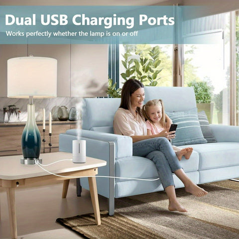 26in Tall Glass Table Lamps Set of 2 with 2 USB Charging Ports & LED Nightlight, Large Coastal Table Lamps for Living Room End Table, Modern Beach Lamps for Bedroom Bedside Nightstand, Blue