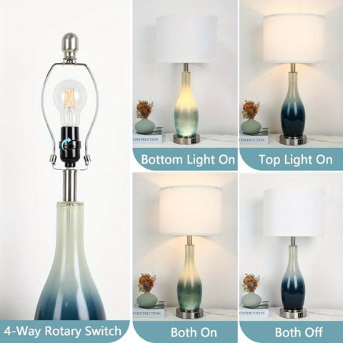 26in Tall Glass Table Lamps Set of 2 with 2 USB Charging Ports & LED Nightlight, Large Coastal Table Lamps for Living Room End Table, Modern Beach Lamps for Bedroom Bedside Nightstand, Blue