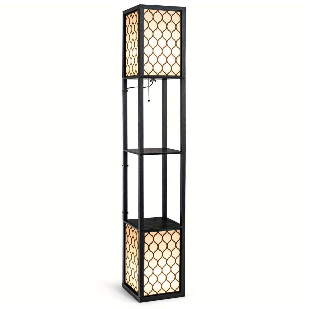 PETSITE Modern Shelf Floor Lamp, Freestanding Double Lamp W\u002F 2-Tier Wood Shelf & White Lampshade, E26 Bulb Base, Pull Chain & Foot Switch, Display Floor Light for Bedroom, Office (Bulbs Not Included)
