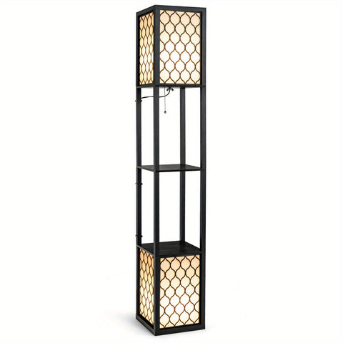 PETSITE Modern Shelf Floor Lamp, Freestanding Double Lamp W\u002F 2-Tier Wood Shelf & White Lampshade, E26 Bulb Base, Pull Chain & Foot Switch, Display Floor Light for Bedroom, Office (Bulbs Not Included)