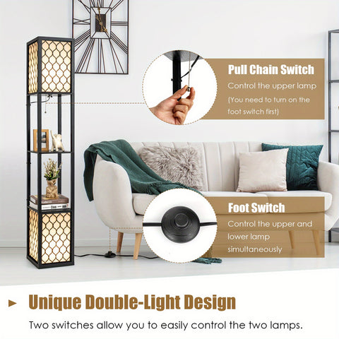 PETSITE Modern Shelf Floor Lamp, Freestanding Double Lamp W\u002F 2-Tier Wood Shelf & White Lampshade, E26 Bulb Base, Pull Chain & Foot Switch, Display Floor Light for Bedroom, Office (Bulbs Not Included)
