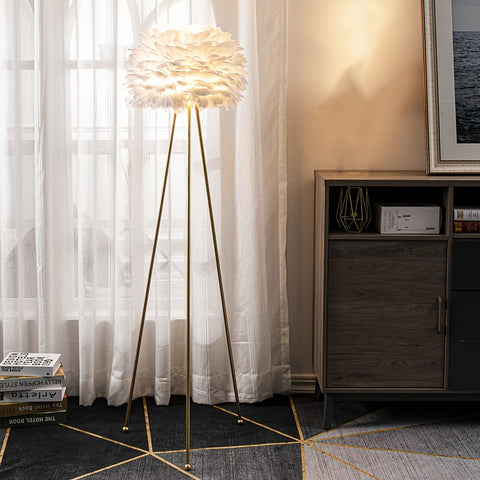 Feather Floor Lamp 60 Inches White Feather Floor Lamp | Pink Feather Lampshade, Classic Golden Tripod for Bedroom, Dining Room, Living Room, Study, Office