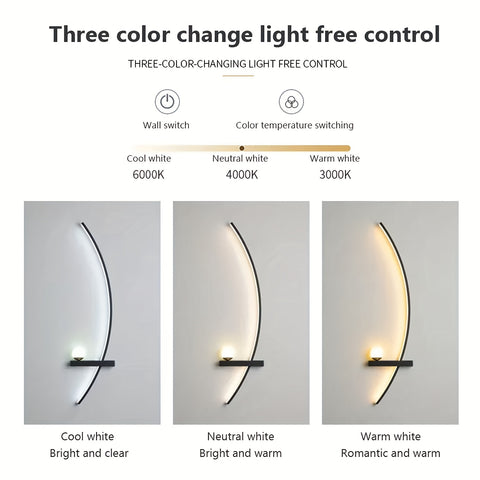 Modern Wall Sconces Set Of Two, LED Arc Wall Sconces, Matte Black Wall Light Fixtures, 3000K\u002F4000K\u002F6000k Warm Light Wall Lamp, 3 Color Temperatures for Bathroom, Living Room, Bedroom, 32 Inch