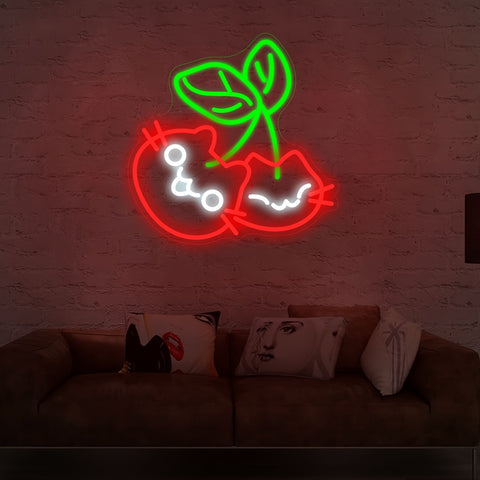 Cherry Cat Neon Light Cute Cherry Cat Neon Light Wall Decor - LED Bedroom, Living Room, Office Decoration - USB-Powered Night Light with Switch Control - Perfect Gift for Cat Lovers (Red & Neon Green Accents), Cat Decor, Playful Design, Polished Finish, P