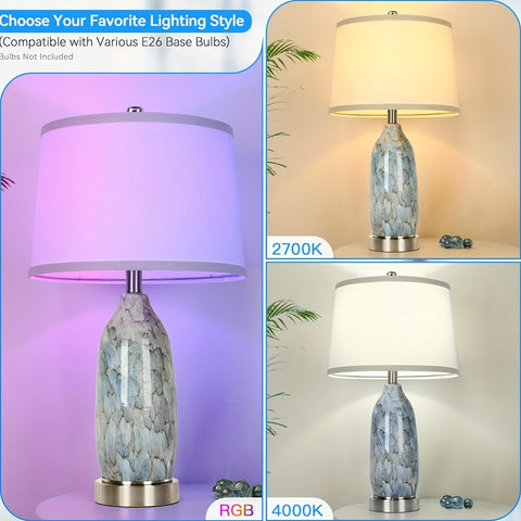 Set of 2 Table Lamps with LED Night Light, 24 inch Unique Nightstand Lamps with Upgraded USB A+C Charging Ports, Blue Bedside Lamps for Bedroom, Livingroom End Table, Nursery Room