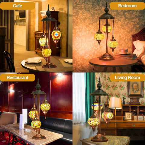 3 Ball Turkish Moroccan Table Lamp, Handmade Mosaic Glass, Bohemian Style, Metal Base, Colorful Atmosphere Light, Suitable for Living Room And Bedroom, with LED Bulb