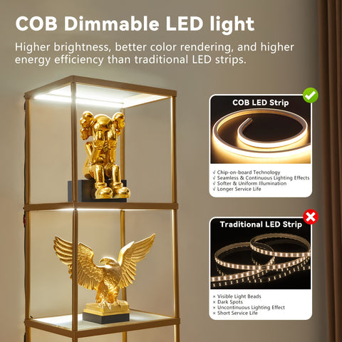 Office Bookshelf Storage, LED Floor Lamp, Golden Bookcase, Lamp Slim Shelving Unit with Tempered Frosted Glass & Dimmable LED Lights