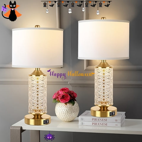 Set Of 2 Table Lamps with USB Ports, Modern Bedside Lamp with LED Night Light for Bedroom, Nightstand Lamps for Living Room Office (Gold)(2 Bulbs Include)