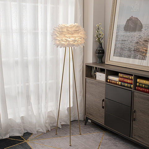 Feather Floor Lamp 60 Inches White Feather Floor Lamp | Pink Feather Lampshade, Classic Golden Tripod for Bedroom, Dining Room, Living Room, Study, Office