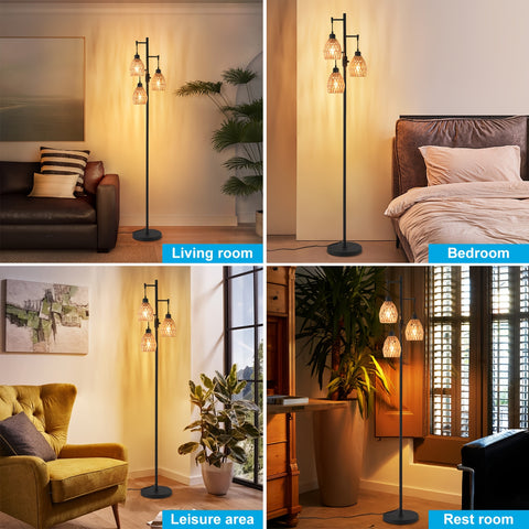 Boho Rattan Tree Floor Lamp, Dimmable Floor Lamp With 3-Bulb Lamp, Modern Lighting For Living Room Bedroom Leisure Area And Rest Room Adjustable Arm Standing Lamp With Sleek Metal Body, Soft Warm Lighting For Home