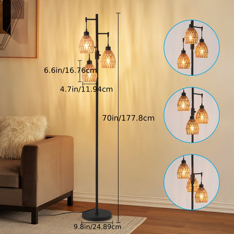 Boho Rattan Tree Floor Lamp, Dimmable Floor Lamp With 3-Bulb Lamp, Modern Lighting For Living Room Bedroom Leisure Area And Rest Room Adjustable Arm Standing Lamp With Sleek Metal Body, Soft Warm Lighting For Home