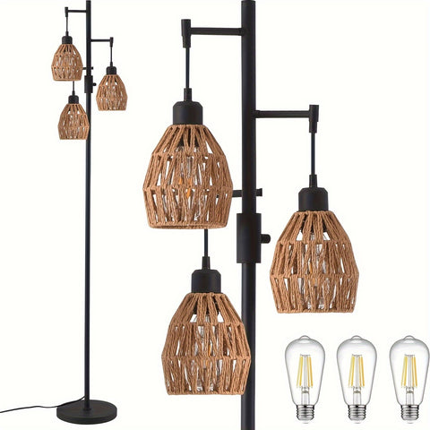 Boho Rattan Tree Floor Lamp, Dimmable Floor Lamp With 3-Bulb Lamp, Modern Lighting For Living Room Bedroom Leisure Area And Rest Room Adjustable Arm Standing Lamp With Sleek Metal Body, Soft Warm Lighting For Home