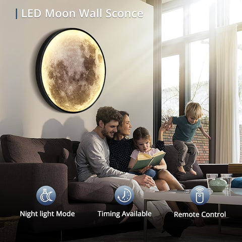Large Moon Wall Sconce Plug In Modern LED Dimmable Wall Light With Remote Control 23.6 Inch 31W Black Wall Lamp Indoor Wall Mounted Lighting Ceiling Light For Living Room Bedroom