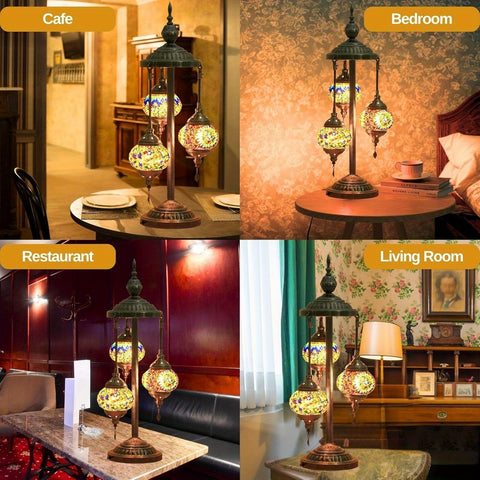 3 Ball Turkish Moroccan Table Lamp, Handmade Mosaic Glass, Bohemian Style, Metal Base, Colorful Atmosphere Light, Suitable for Living Room And Bedroom, with LED Bulb