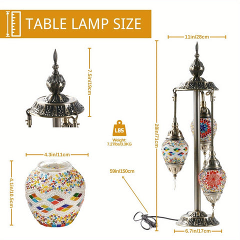 3 Ball Turkish Moroccan Table Lamp, Handmade Mosaic Glass, Bohemian Style, Metal Base, Colorful Atmosphere Light, Suitable for Living Room And Bedroom, with LED Bulb