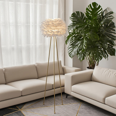 Feather Floor Lamp 60 Inches White Feather Floor Lamp | Pink Feather Lampshade, Classic Golden Tripod for Bedroom, Dining Room, Living Room, Study, Office