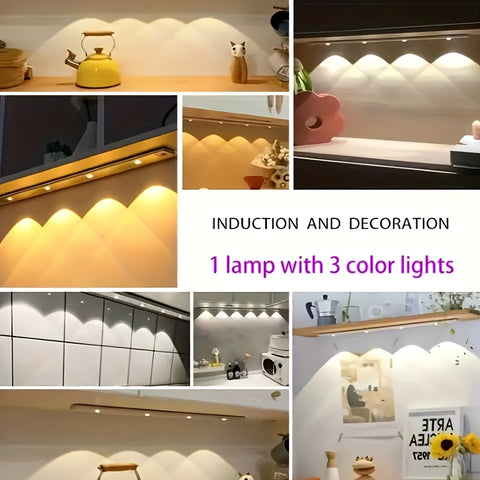 1pc Intelligent Human Body Sensing Light, Sports Sensing Light, Strip Light with Small Night Light, USB Rechargeable And Dimmable Three Color LED Light, Wireless Kitchen Wardrobe, Cabinet, Shoe Cabinet, Bedroom, Small Hill Light