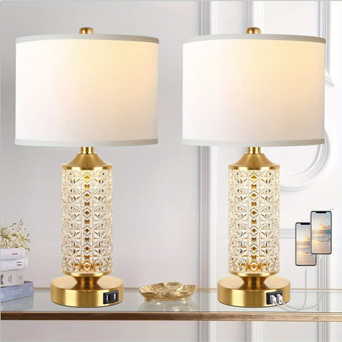 Set Of 2 Table Lamps with USB Ports, Modern Bedside Lamp with LED Night Light for Bedroom, Nightstand Lamps for Living Room Office (Gold)(2 Bulbs Include)
